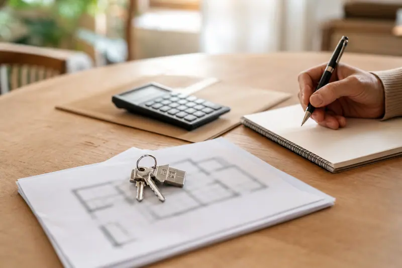 Dossier d’épargne logement, calculatrice et clés posés sur une table claire