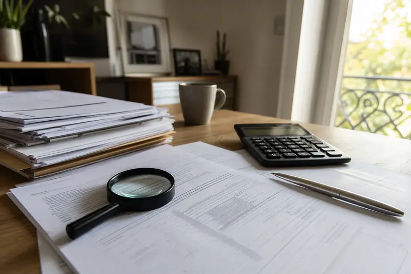 Documents financiers, loupe et calculatrice sur une table de travail lumineuse.