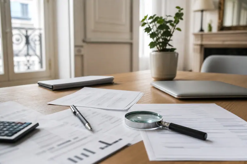Loupe et documents financiers sur une table en bois éclairée naturellement.