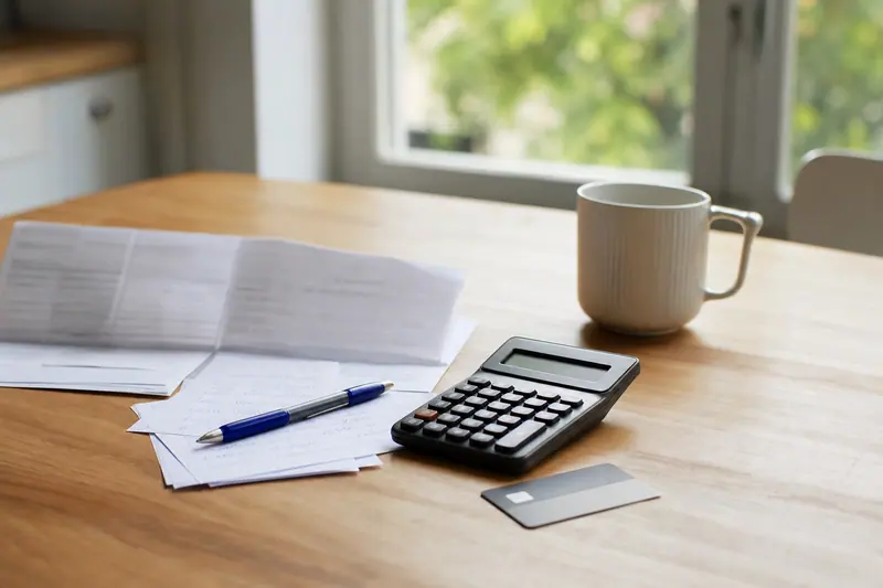 Calculatrice, carte bancaire générique et relevés flous sur une table en bois