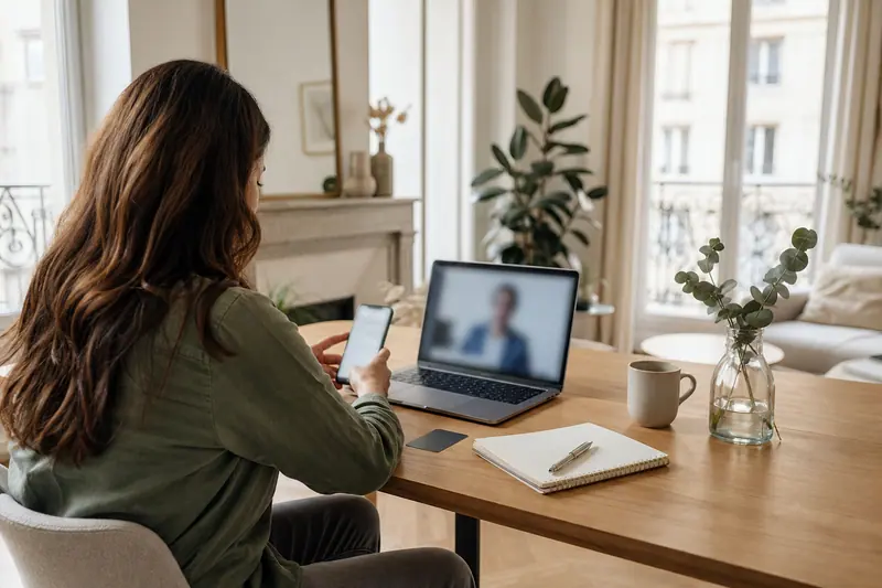 Cliente utilisant ordinateur et smartphone pour un rendez-vous bancaire à distance.