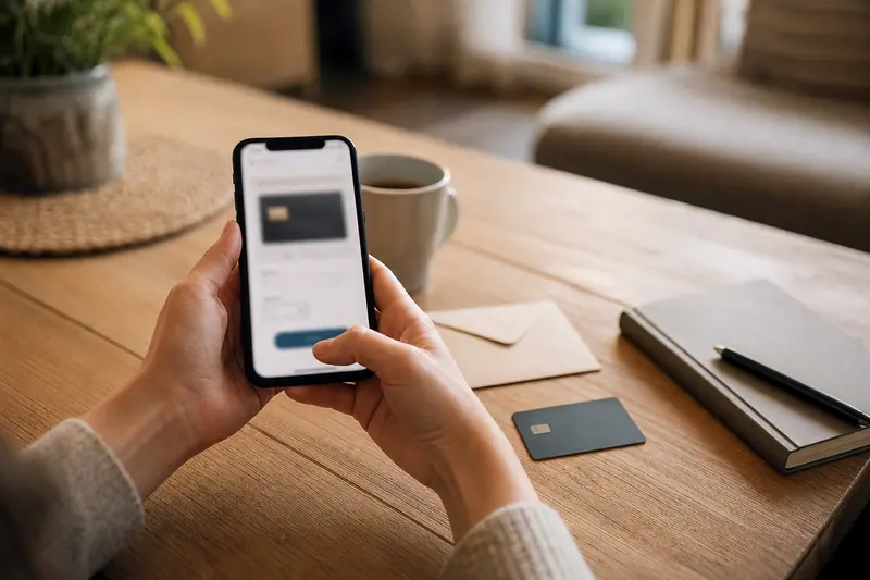 Paiement de don sur smartphone avec carte bancaire et enveloppe sur une table.