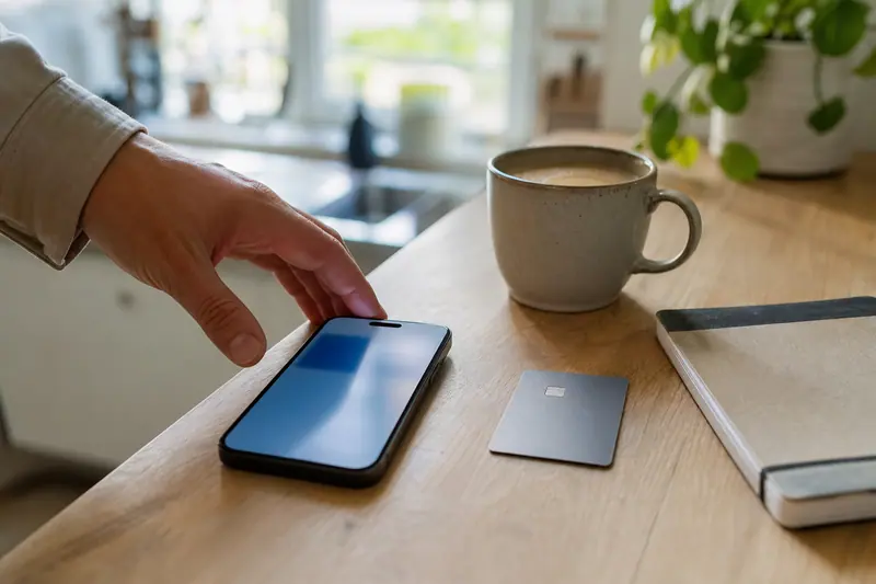 iPhone posé sur une table avec carte bancaire et carnet, prêt à être sécurisé.