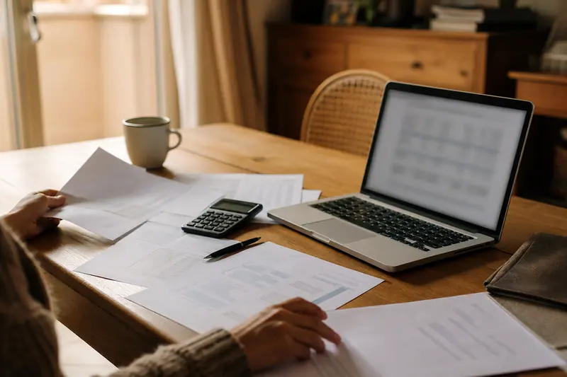 Simulation de crédit sur ordinateur avec calculatrice et documents de budget domestique.