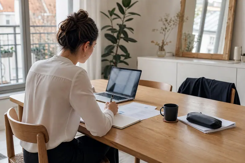 Candidate préparant son entretien bancaire avec documents et ordinateur sur une table lumineuse.