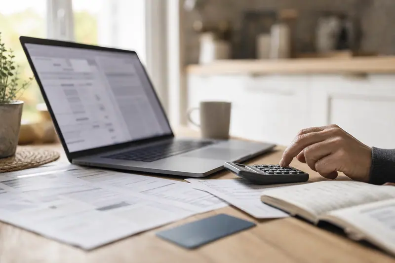 Calculatrice, carte bancaire et documents flous sur une table lumineuse.