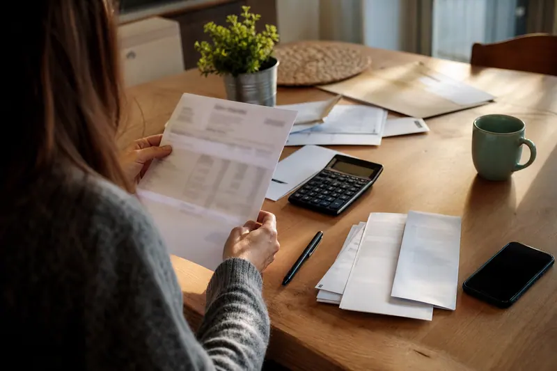 Personne vérifiant des frais bancaires sur des relevés et une calculatrice.