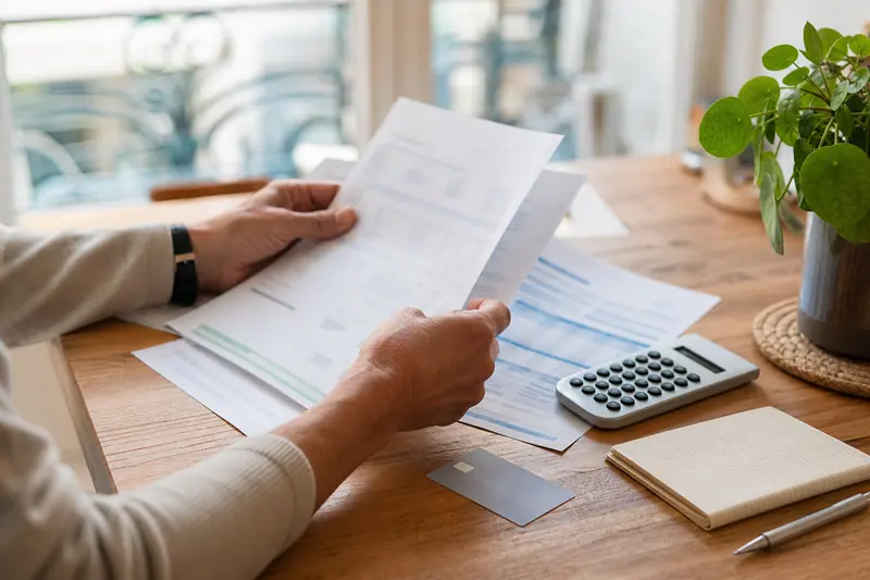 Documents financiers, carte bancaire et plante verte sur une table en bois.
