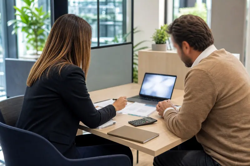 Conseillère et client échangeant autour d’un dossier dans une agence lumineuse.