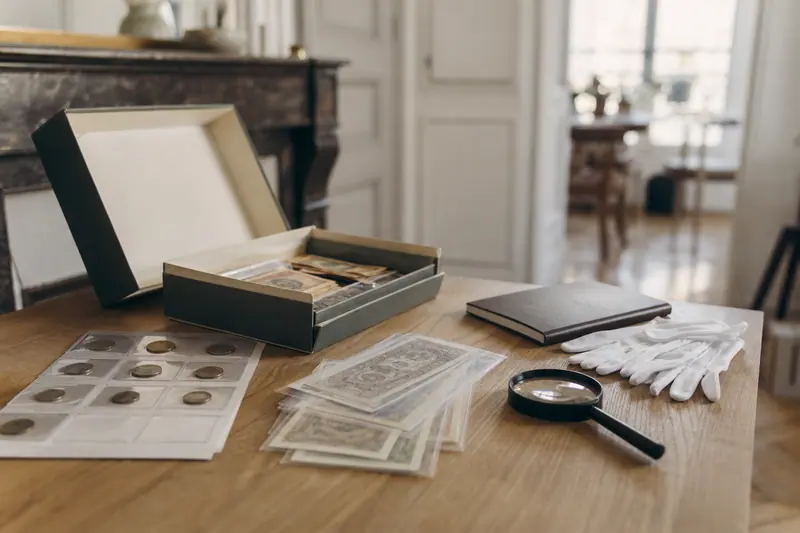 Boîte ouverte contenant anciens billets et pièces sur une table familiale.
