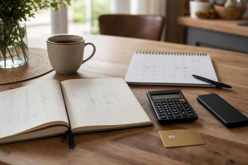 Calendrier, calculatrice et carnet de budget pour anticiper les dépenses mensuelles.