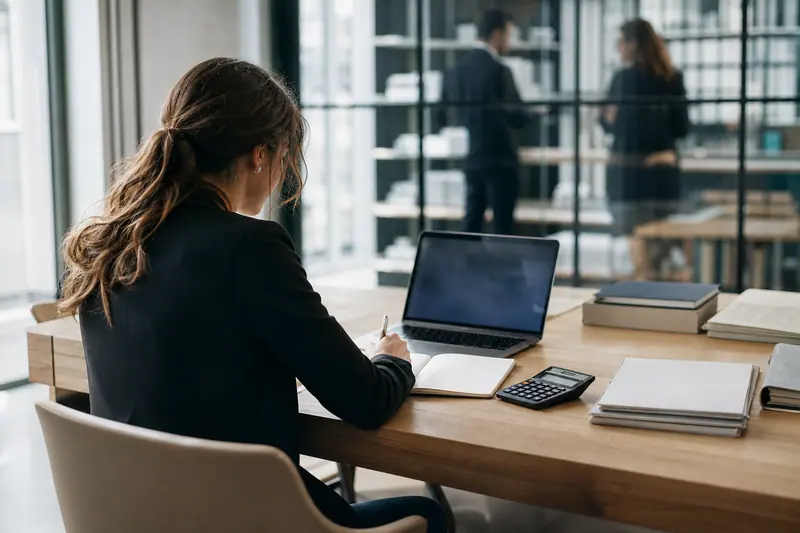 Professionnelle comparant des dossiers et outils dans un espace de travail bancaire moderne