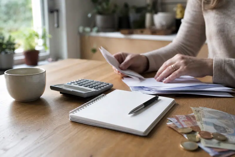 Mains organisant une épargne sur une table avec carnet et calculatrice.