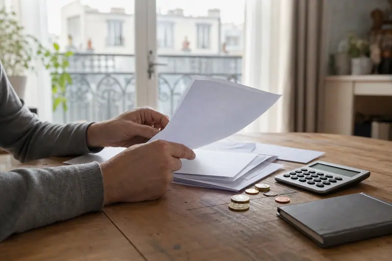 Mains examinant un dossier de souscription et une calculatrice sur une table.
