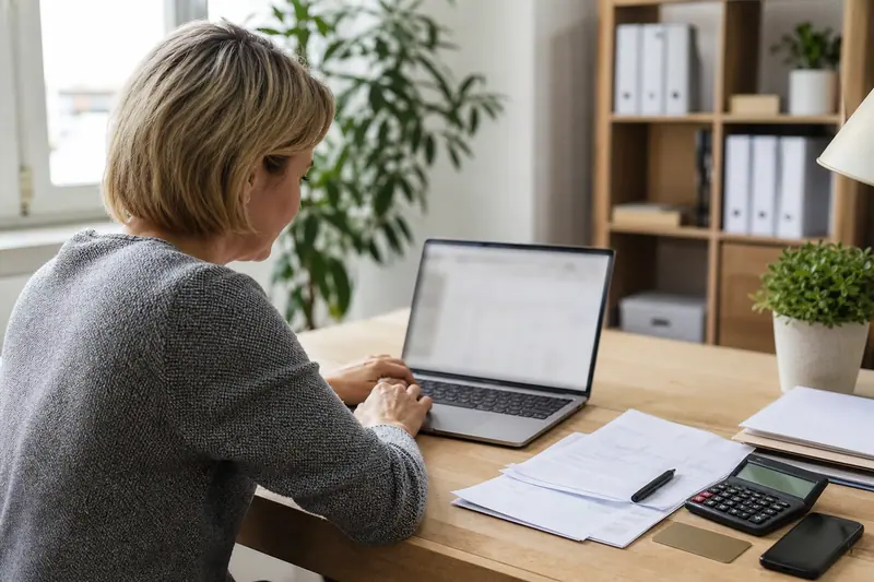 Dirigeante de petite entreprise préparant ses paiements professionnels sur ordinateur portable.