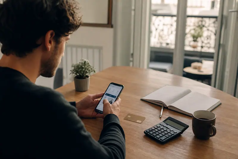 Jeune adulte comparant son budget bancaire sur smartphone à une table.