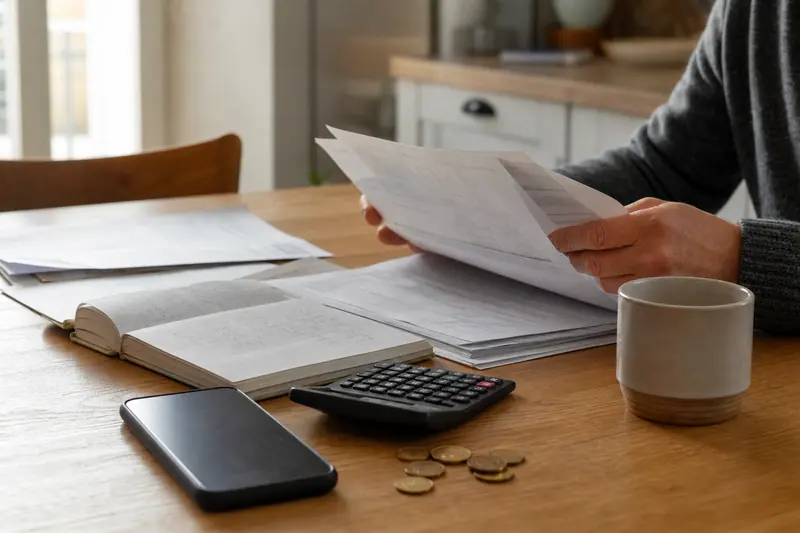 Carnet, calculatrice et documents bancaires sur une table en bois clair.