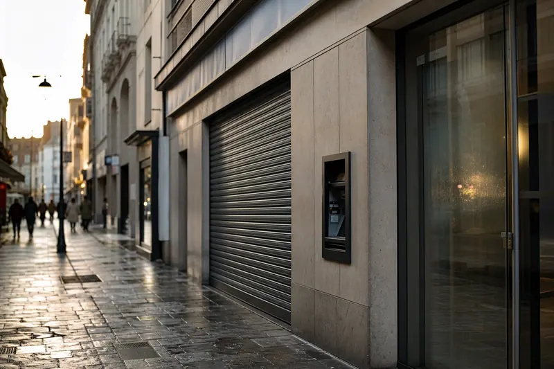 Ancienne agence bancaire fermée dans une rue commerçante française après la pluie.