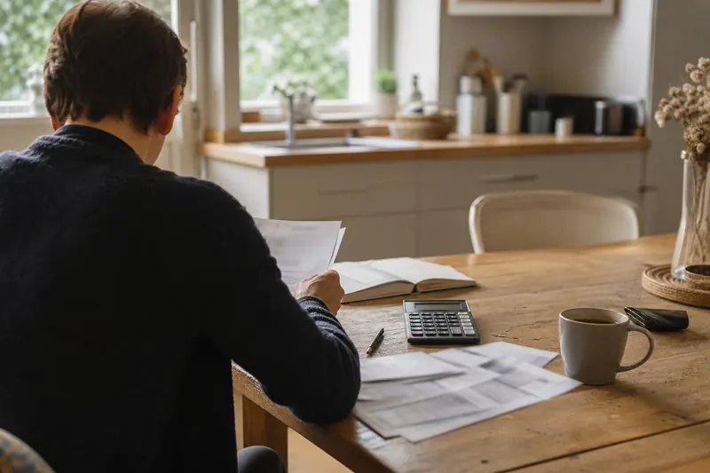 Personne examinant des documents et un budget sur une table de cuisine.