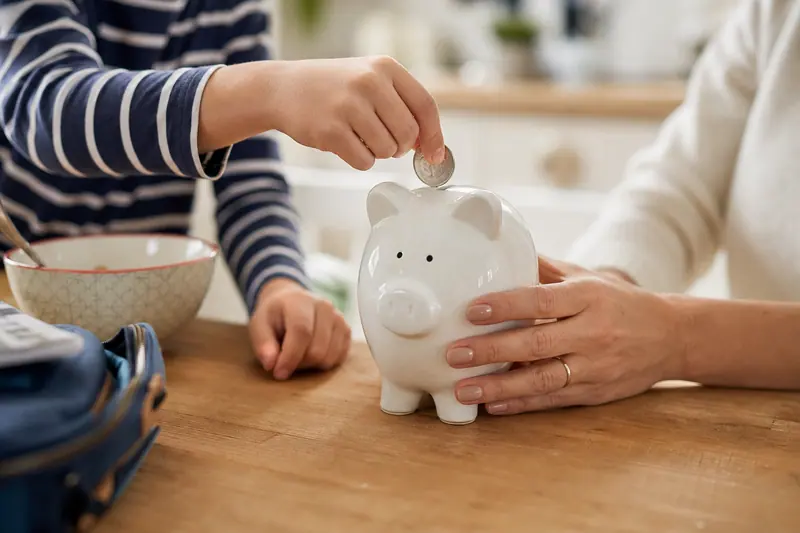 Main d'enfant glissant une pièce dans une tirelire tenue par un adulte