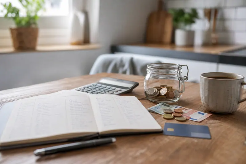 Table de cuisine avec budget, calculatrice, monnaie et carte bancaire générique.