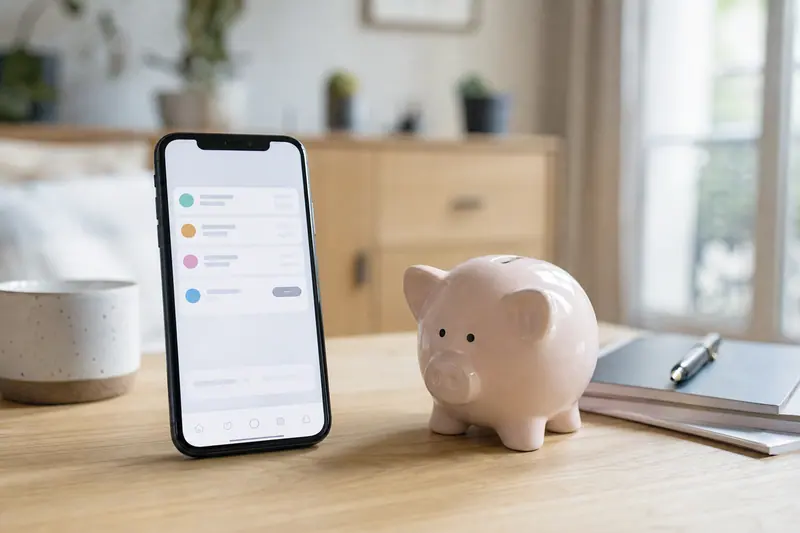 Smartphone affichant une application bancaire posé près d'une tirelire