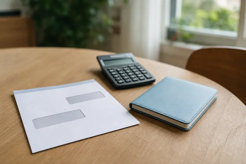 Enveloppe administrative et carnet d'épargne posés sur une table en bois