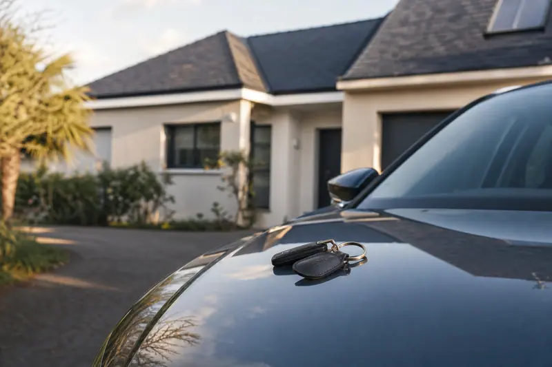 Trousseau de clés posé sur le capot d'une voiture garée