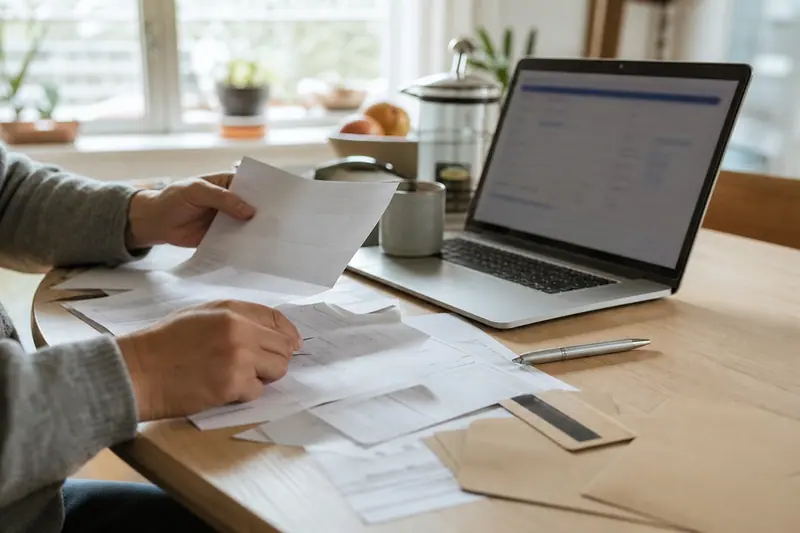 Documents bancaires et ordinateur sur une table pour organiser un changement de compte.