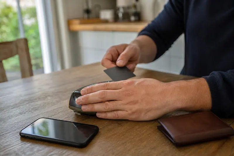 Main protégeant son code sur un terminal de paiement près d’un smartphone.