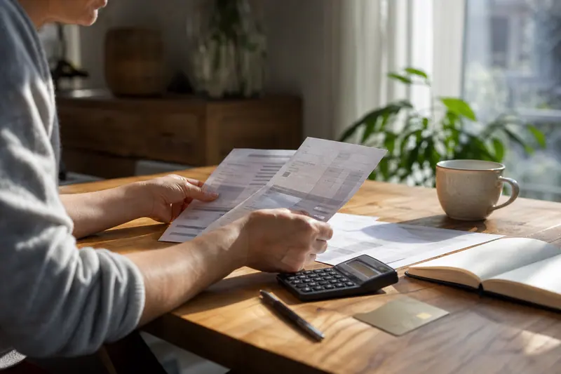 Personne consultant des documents financiers et une calculatrice sur une table de cuisine.