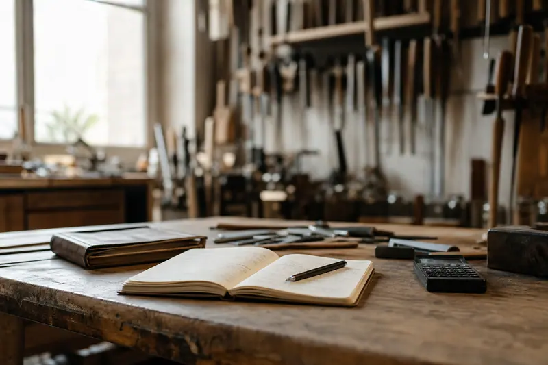 Carnet de comptes ouvert sur un bureau d'artisan indépendant