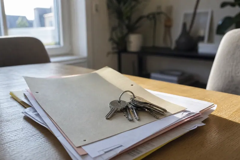 Clés de maison posées sur un dossier de documents administratifs sur une table en bois