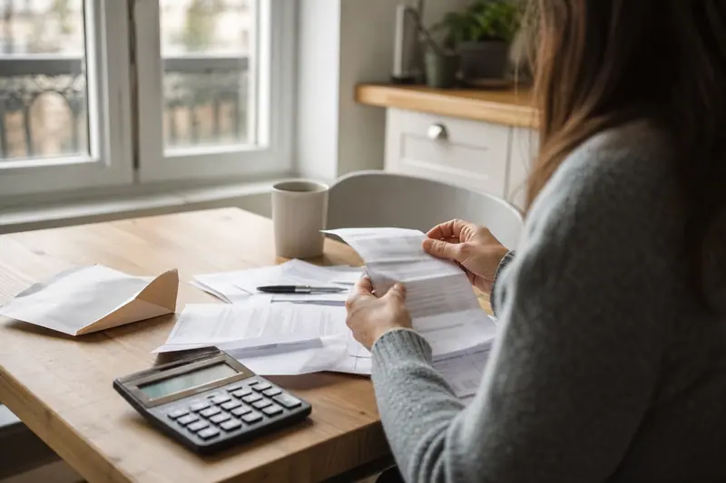 Mains classant des relevés bancaires et vérifiant des frais à une table.