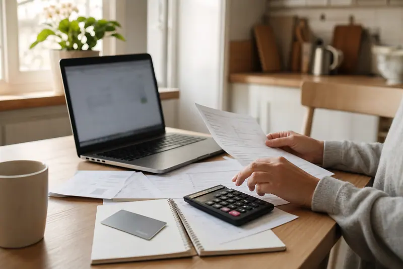 Documents bancaires, carte neutre et calculatrice sur une table lumineuse.