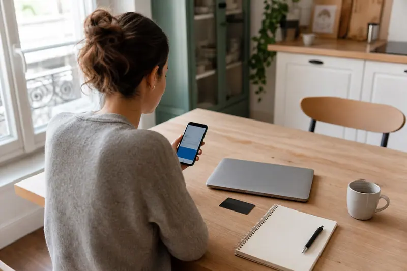 Consultation d’un compte bancaire sur smartphone à une table de cuisine.