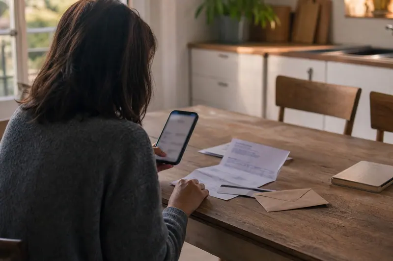 Client vérifiant d’anciens documents bancaires et son accès sur smartphone.