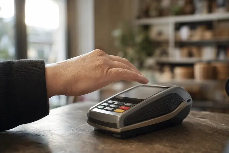 Main masquant la saisie du code confidentiel sur un terminal de paiement