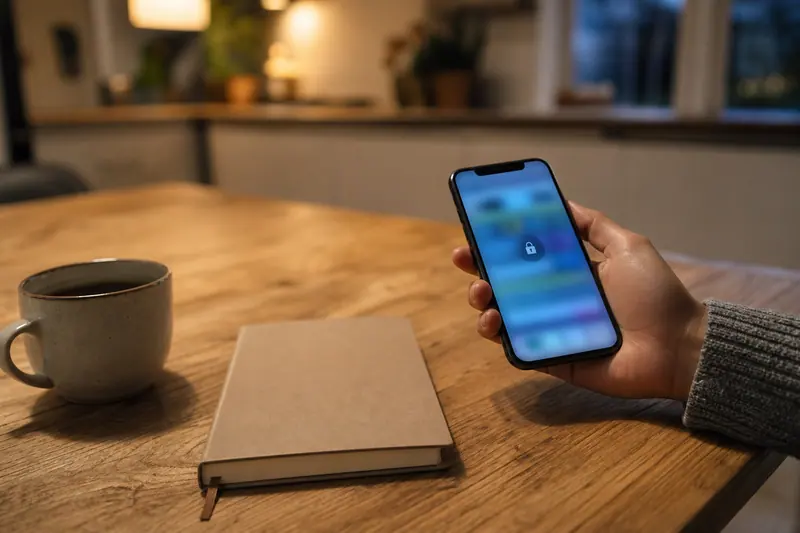 Smartphone posé sur une table, utilisé pour sécuriser un accès bancaire.