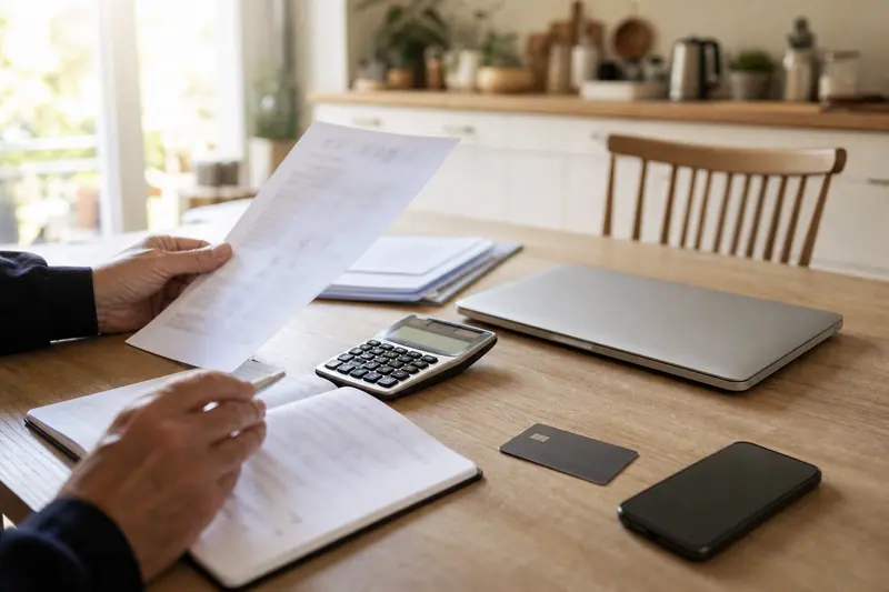 Particulier comparant des documents bancaires, une carte et une calculatrice sur une table.