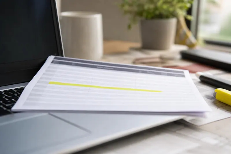 Relevé bancaire avec une ligne surlignée posé sur un clavier d'ordinateur