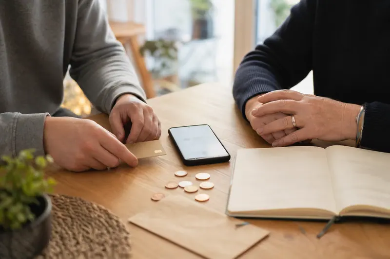 Jeune adulte et parent préparent un budget bancaire autour d’une table.
