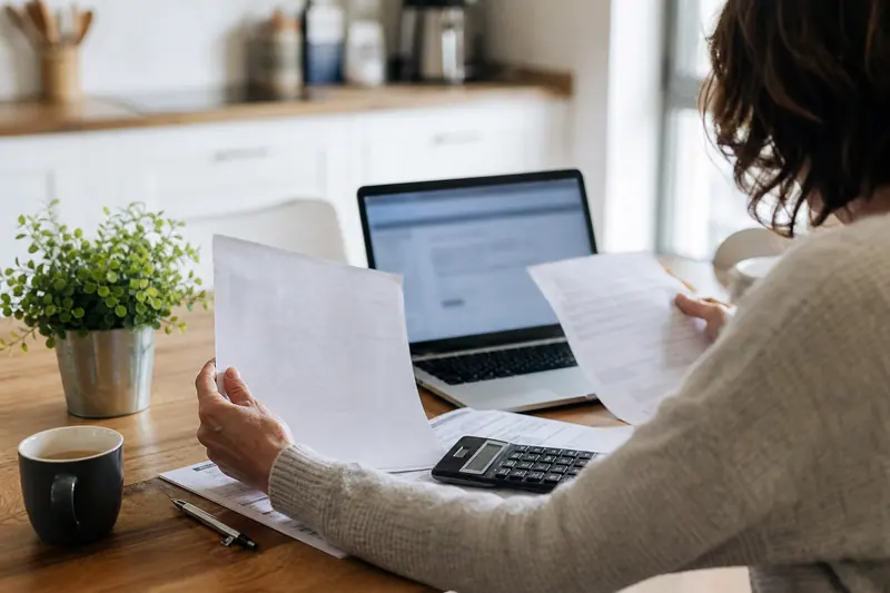 Personne comparant des documents fiscaux et une calculatrice sur une table lumineuse.