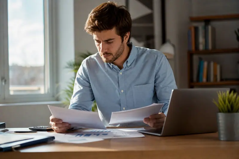 Jeune adulte consultant des documents financiers à son bureau