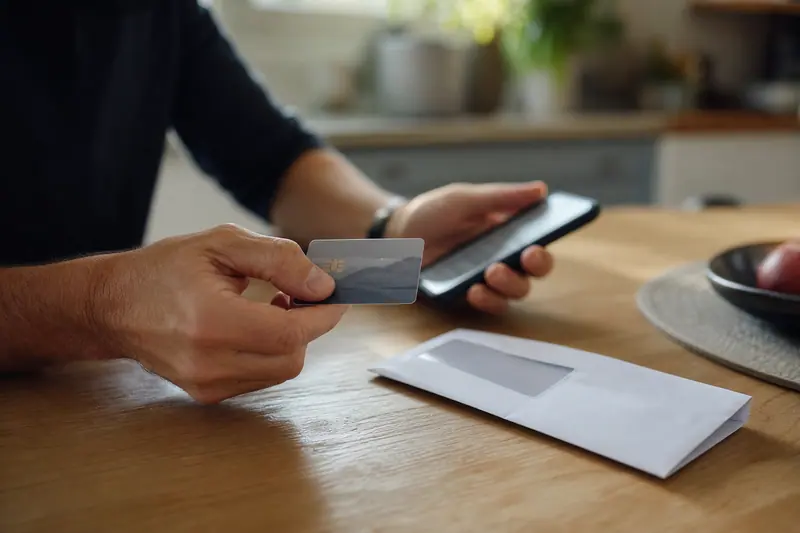 Main comparant une carte décorée et un smartphone sur une table en bois.
