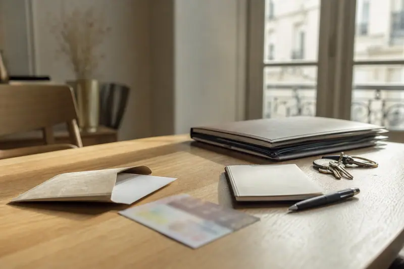 Ticket de jeu flou, carnet et clés posés sur une table en bois