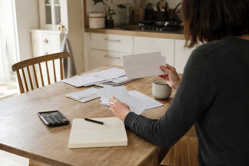 Personne triant des documents financiers sur une table de cuisine lumineuse.