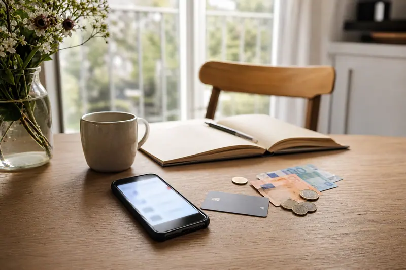 Smartphone, carte neutre et monnaie sur une table de cuisine lumineuse.