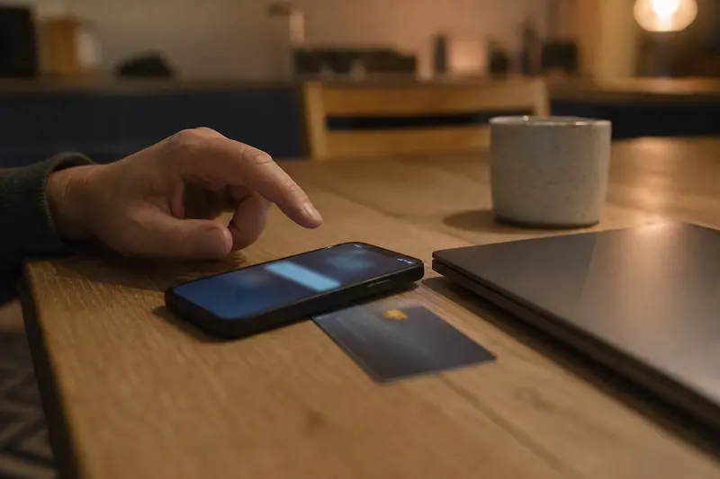 Main hésitant devant un smartphone et une carte bancaire sur une table.