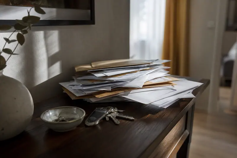 Pile de courriers administratifs non ouverts posée sur une console d’entrée